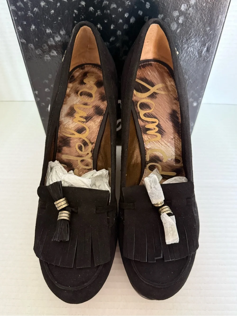 Sam Edelman Black Suede Wedge Loafers with Tassel